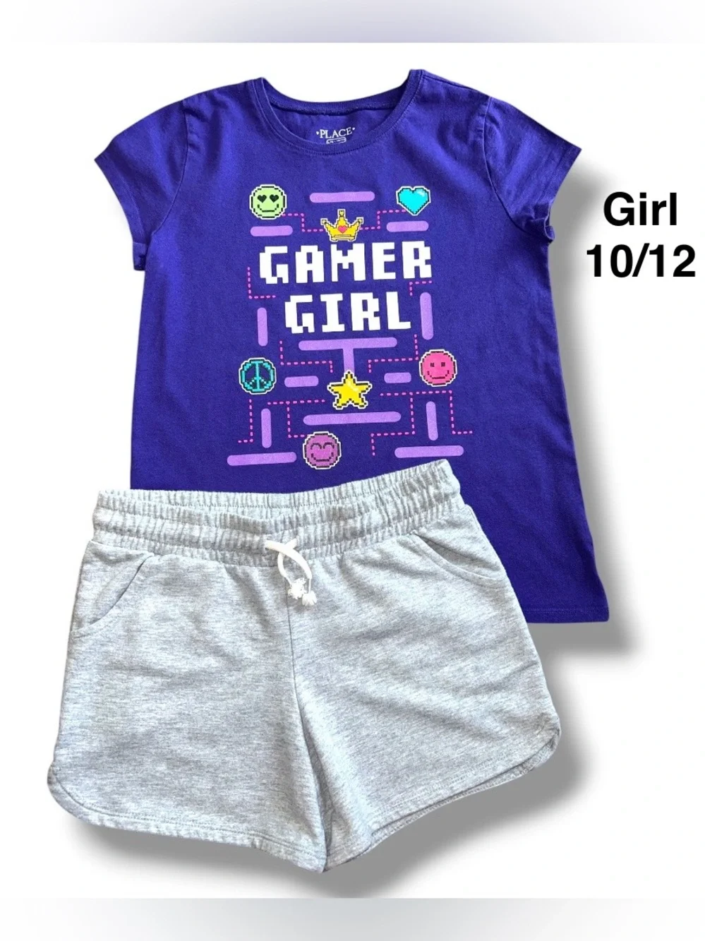 Purple 'Gamer Girl' Graphic Tee and Light Gray Shorts Set